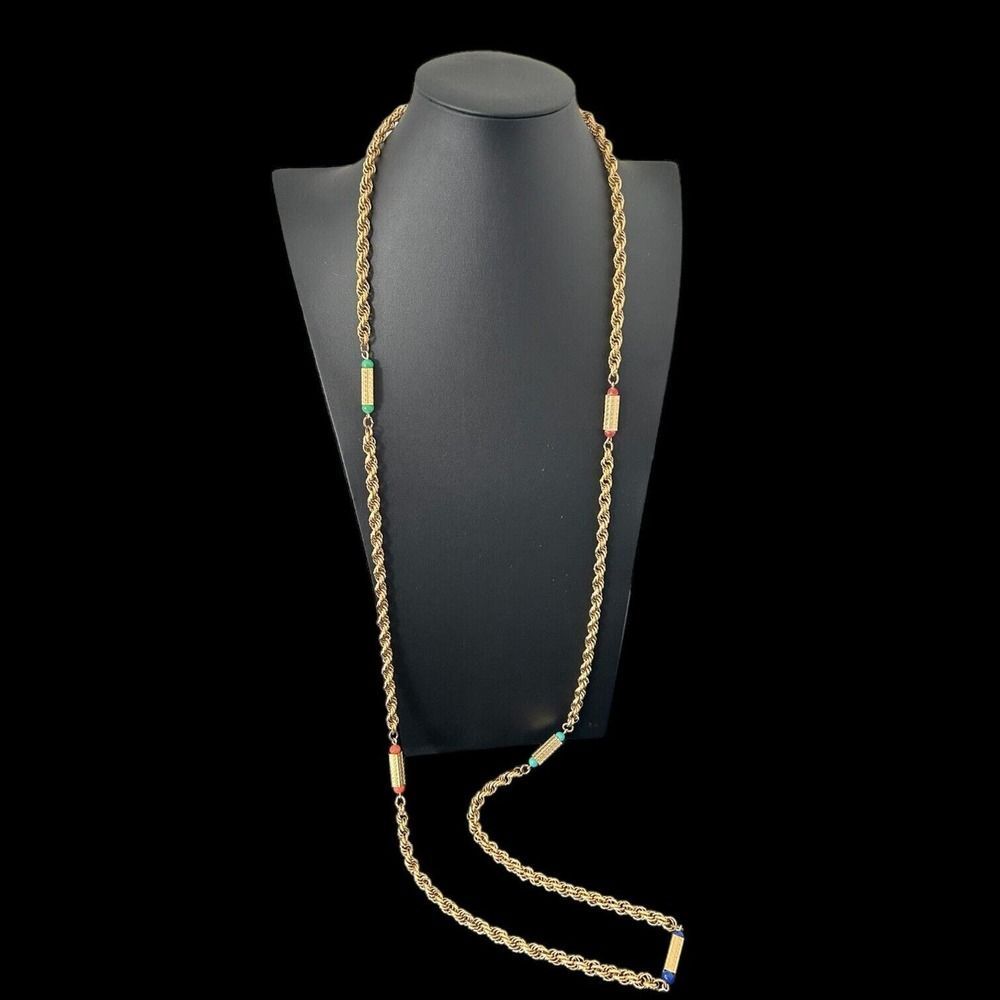 Vintage Accessocraft Extra Long Layering Necklace Gold Tone 26" Faux Lapis Coral
